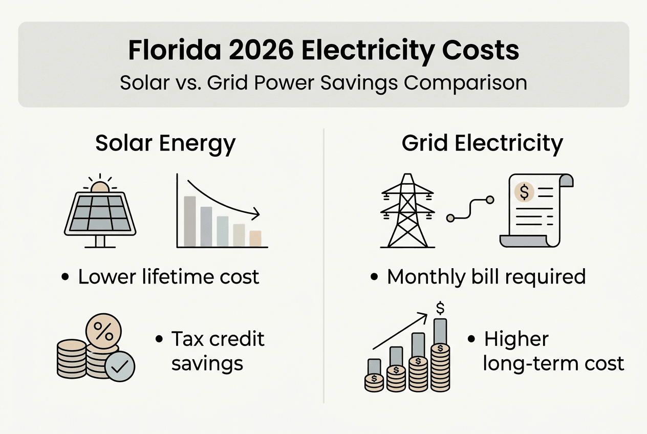 Solar energy vs grid electricity: Florida 2026 savings 1 Infographic comparing Florida solar and grid costs