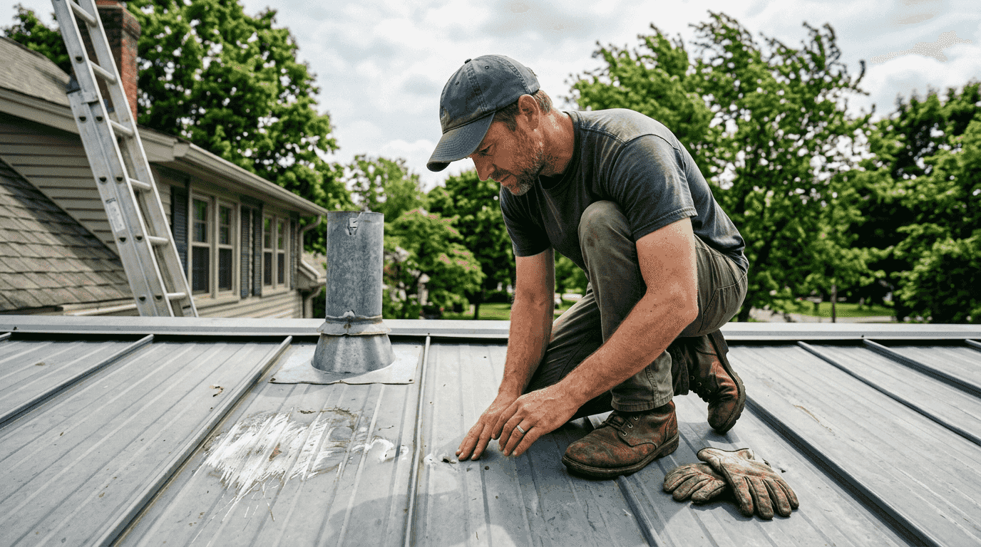 Homeowner examines hail dents on metal roof