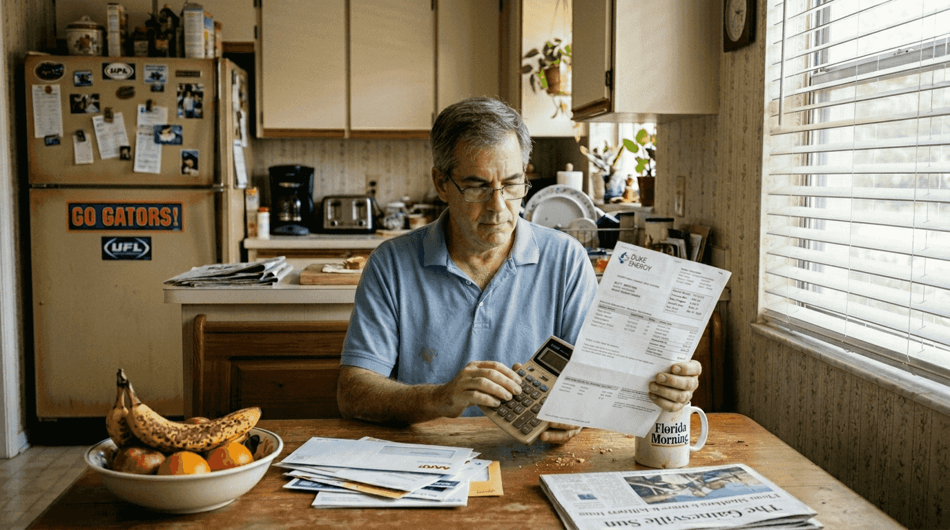 Solar energy vs grid electricity: Florida 2026 savings 2 Man checks utility bill at cluttered kitchen table