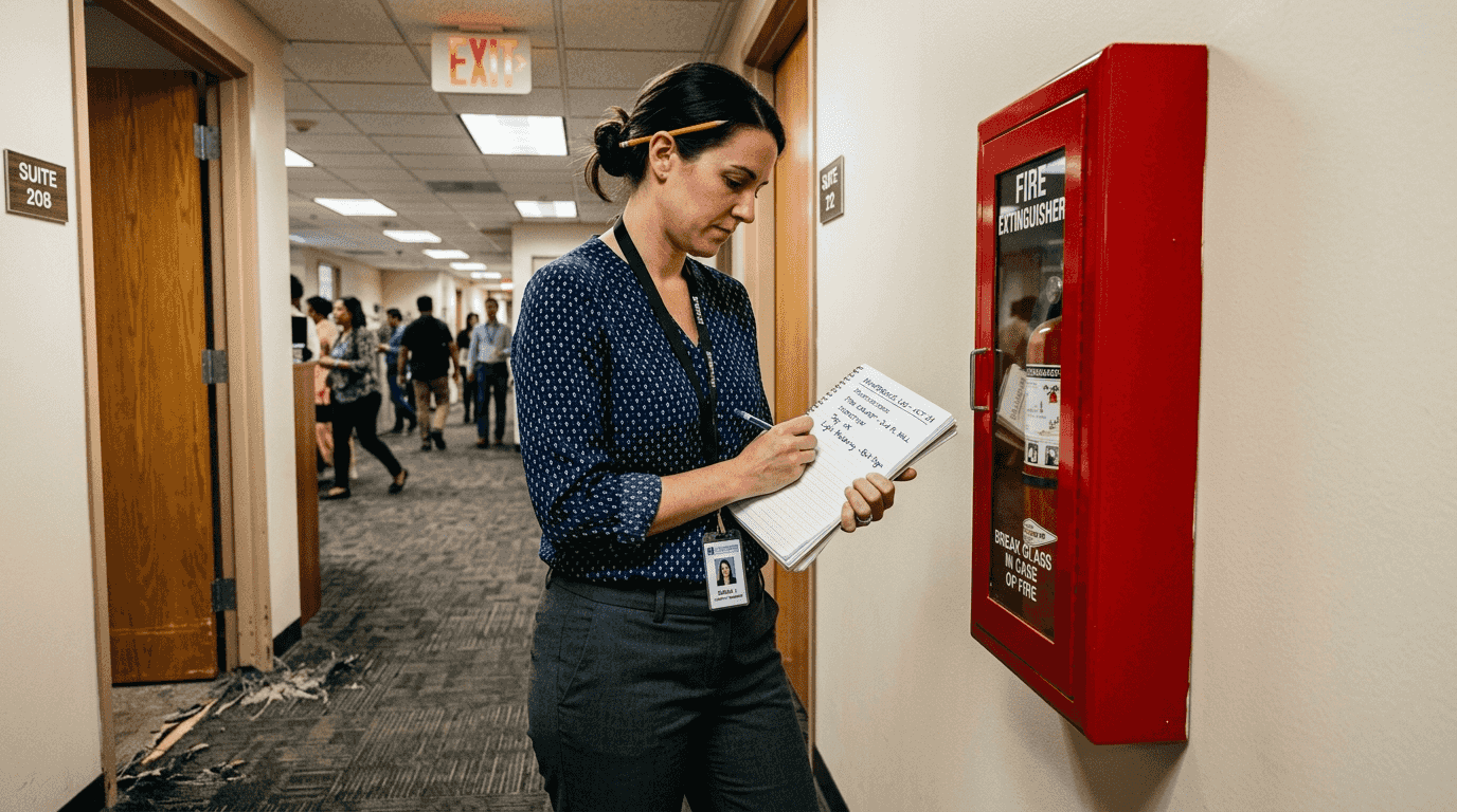 Property manager inspecting fire extinguisher in hallway