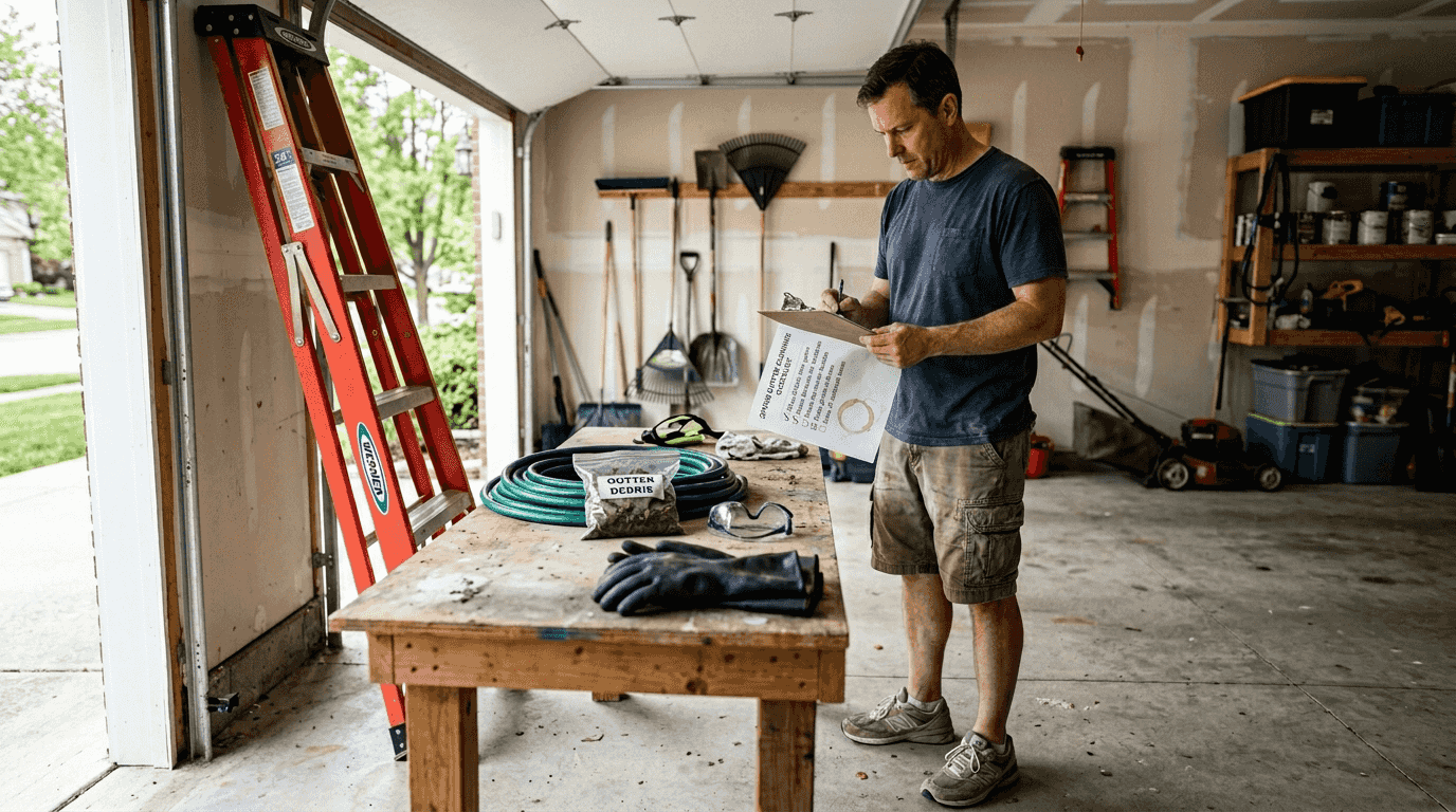Gathering safety gear for gutter cleaning task