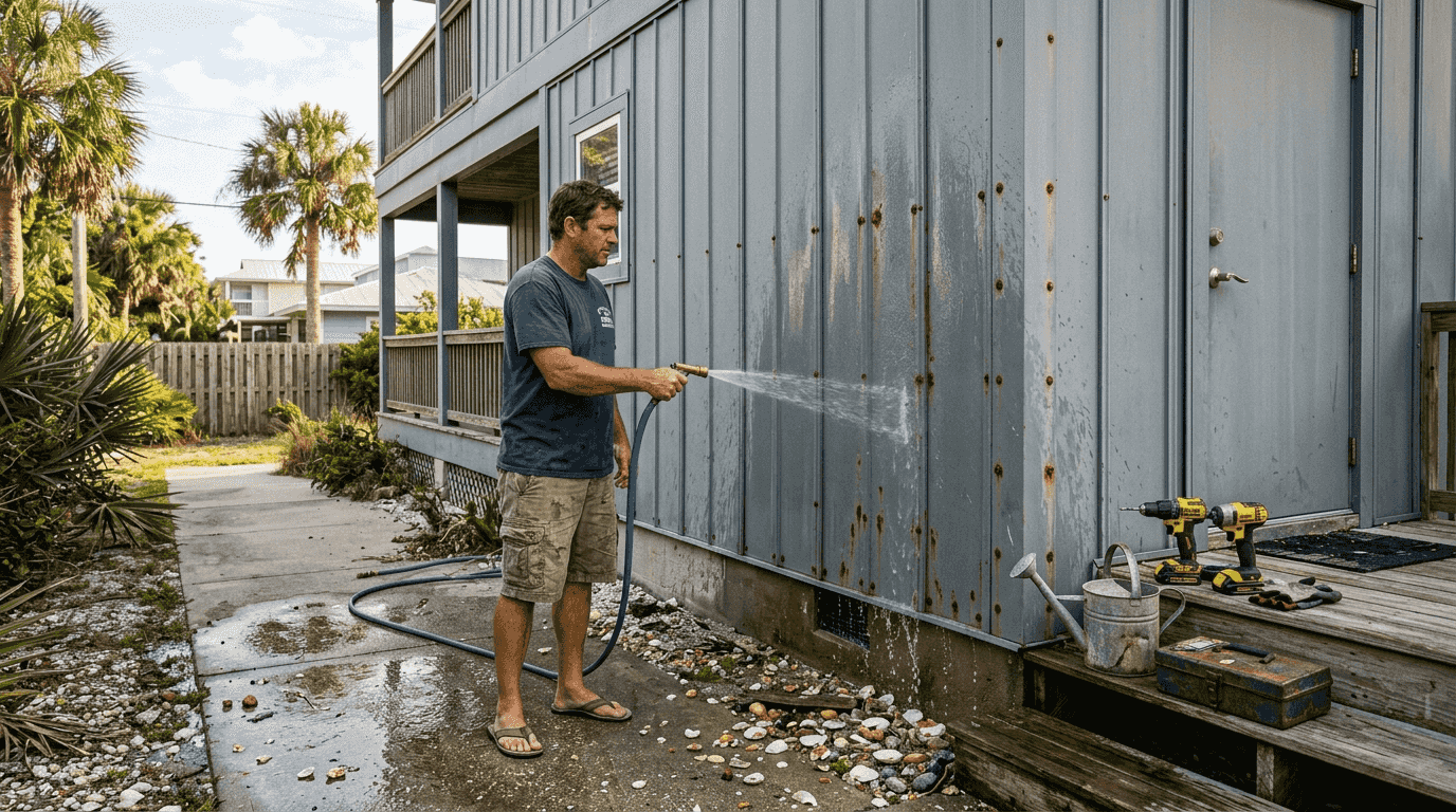 Homeowner rinsing metal siding of coastal house