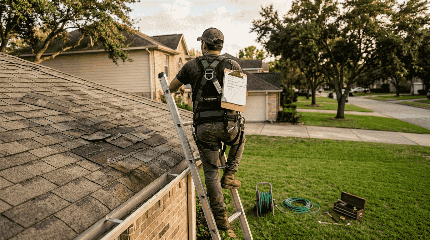 Roofer inspecting Texas home for maintenance