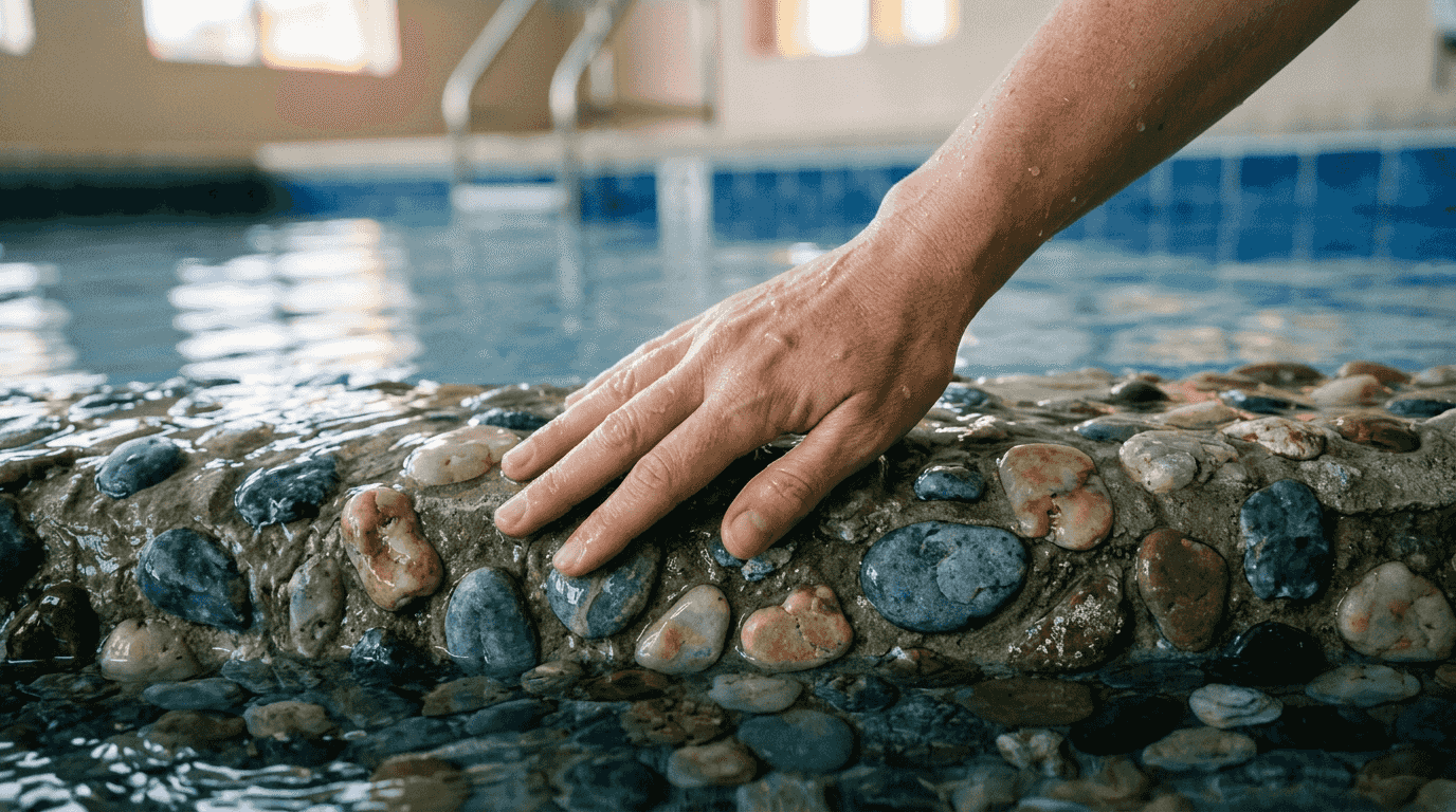 Pebble pool finish close up hand touching