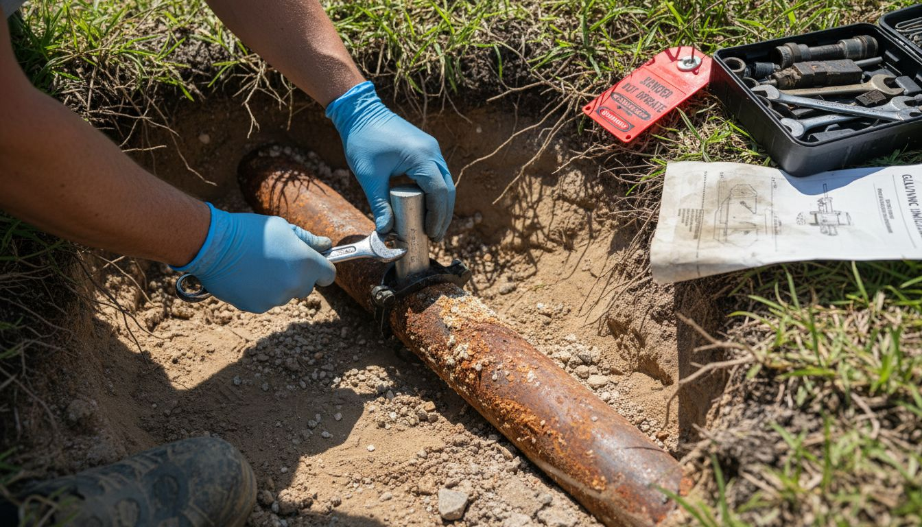 Technician installs cathodic protection anode outdoors
