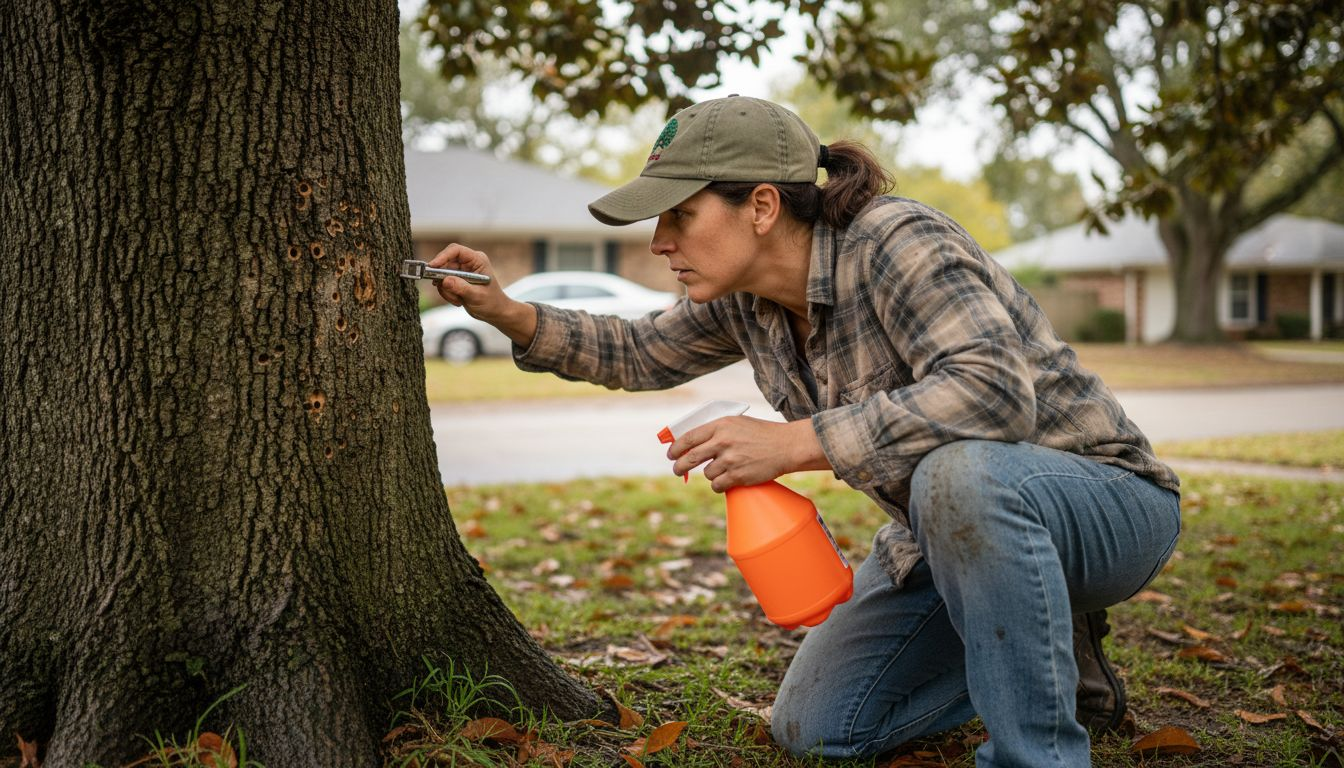 Arborist checking tree bark for pest damage