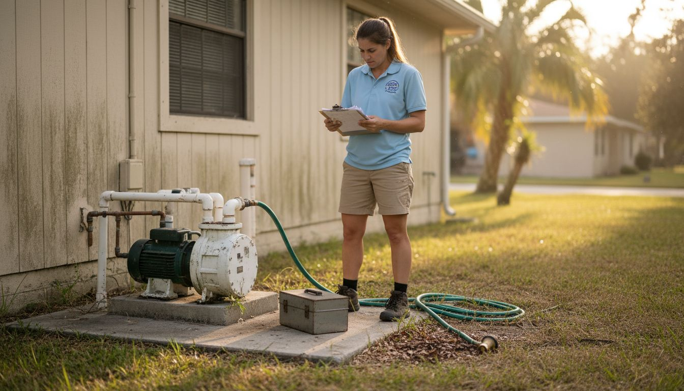 Understanding pool warranties in Central Florida 2026 2 Pool contractor checks maintenance records by pump