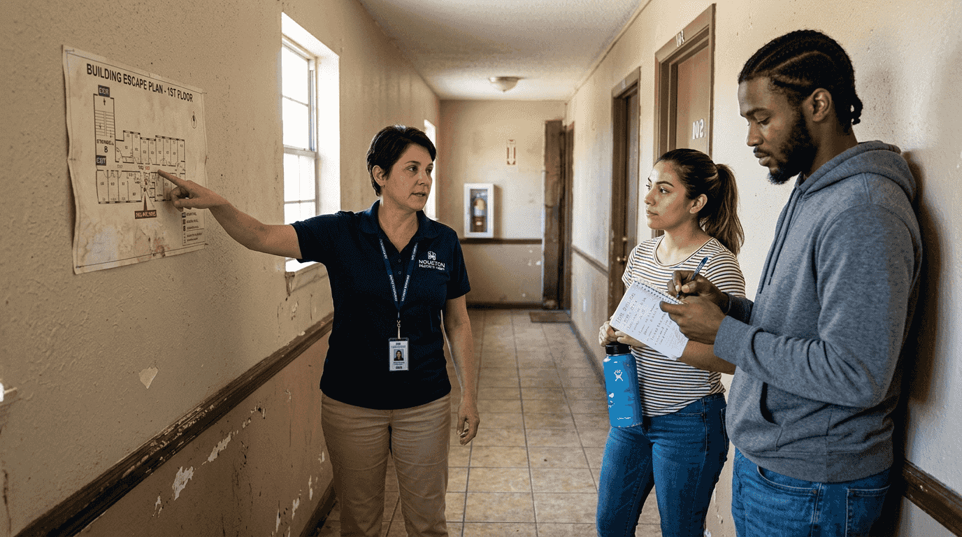 Supervisor reviews escape plan with tenants during drill