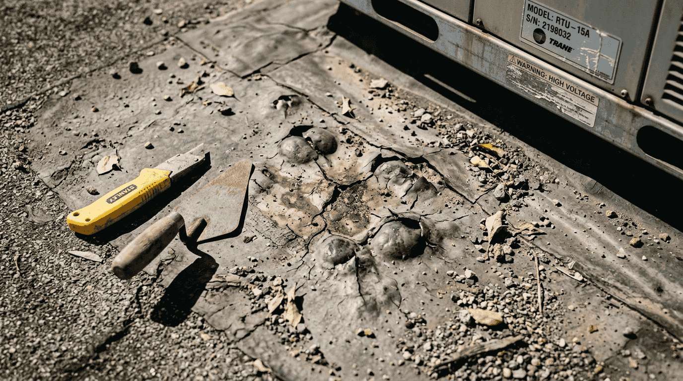 Closeup of damaged commercial roofing membrane