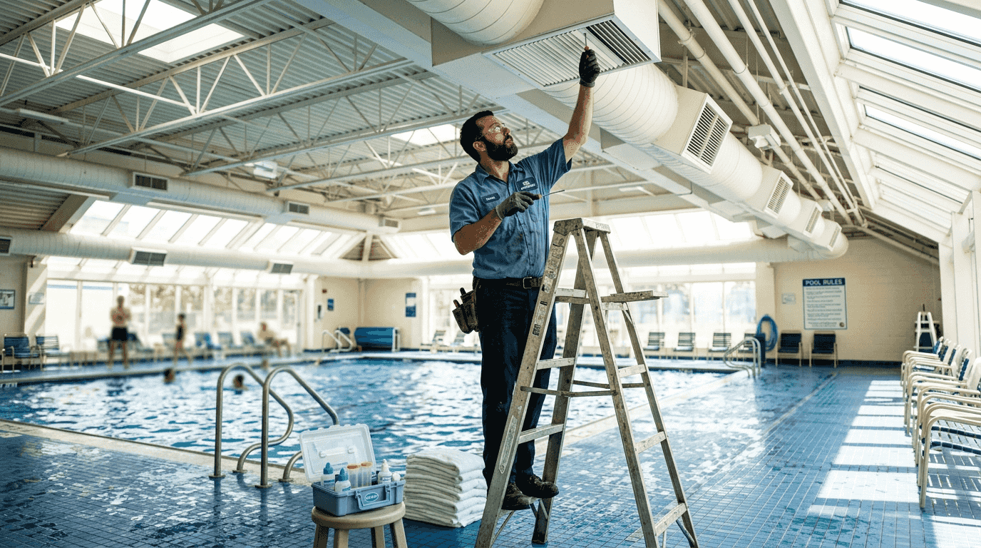 Worker adjusts ceiling diffuser over pool deck
