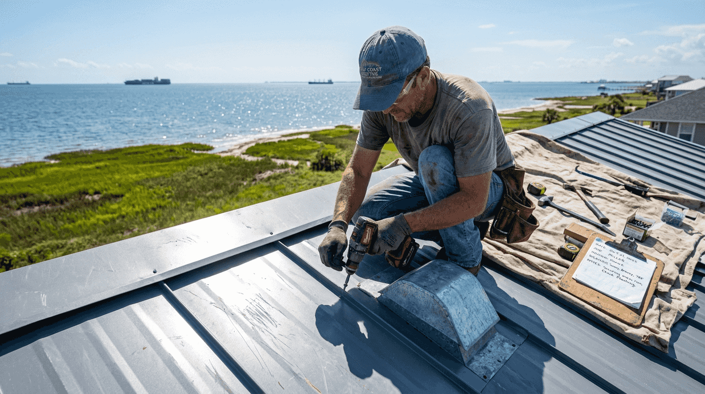Contractor securing metal roof for storms