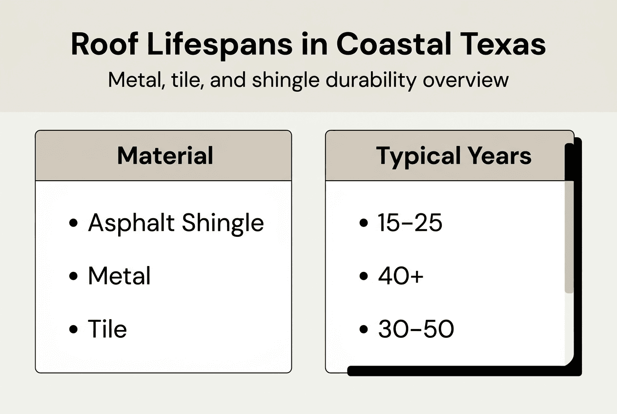 Infographic comparing roof lifespans coastal Texas
