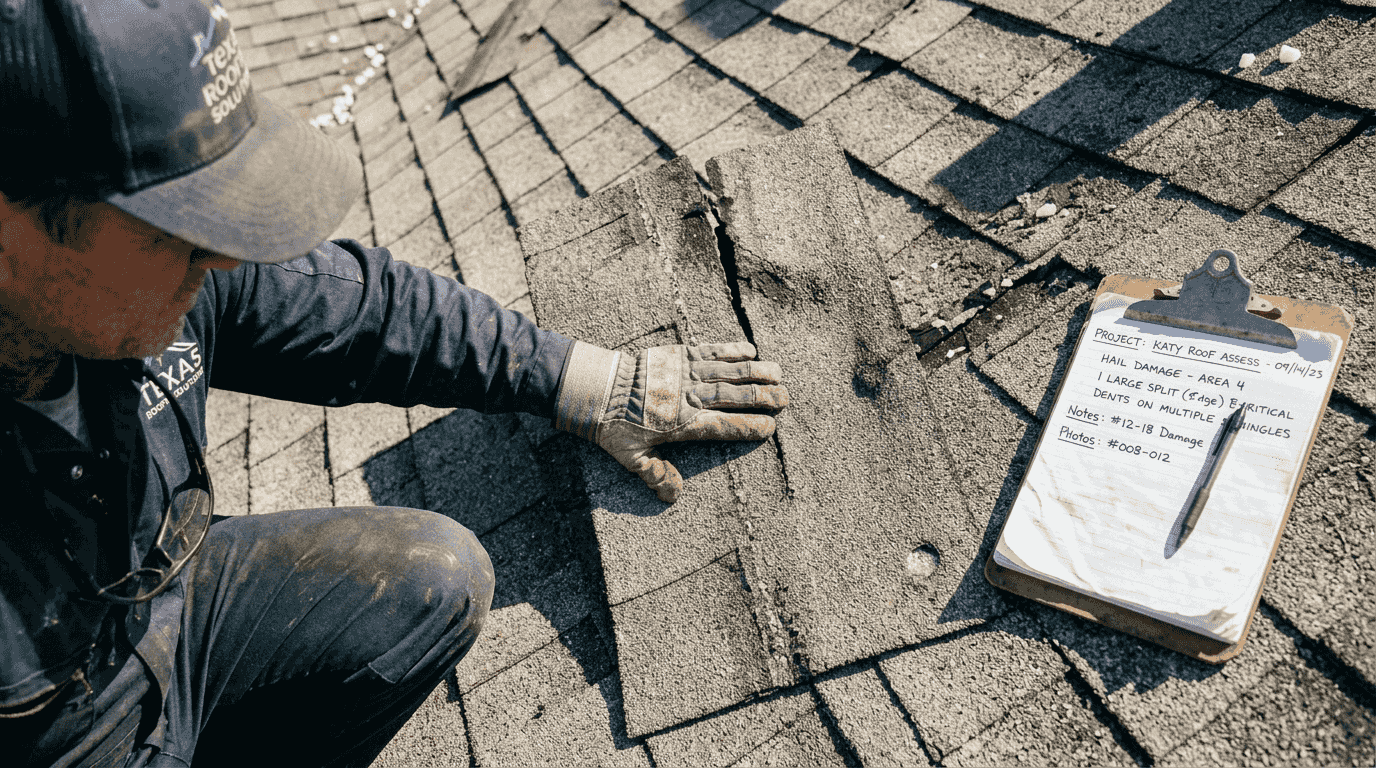 Contractor inspects closeup hail shingle damage