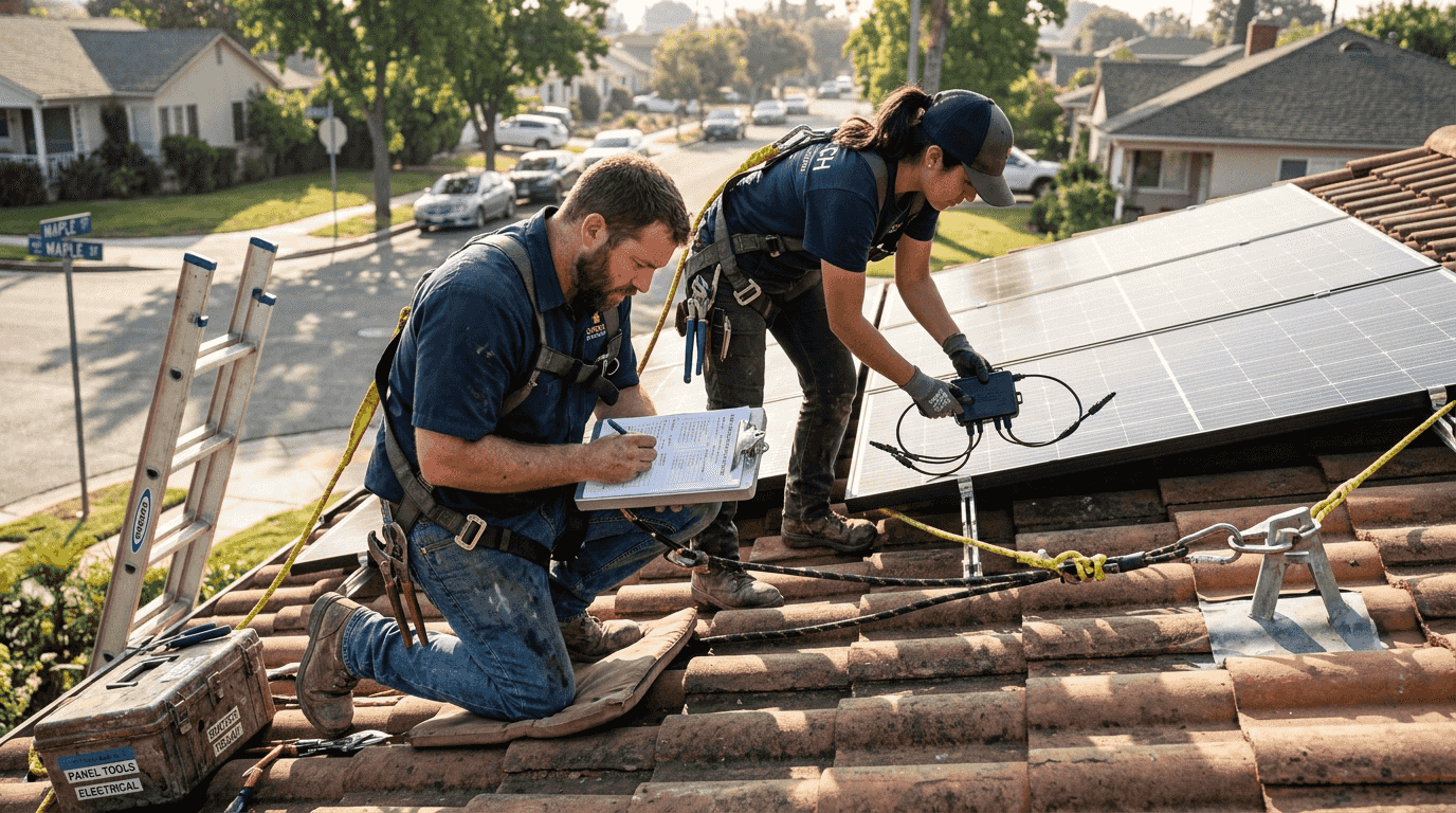 Role of solar energy in sustainability: Florida guide 2026 1 Technicians installing solar panels Florida roof