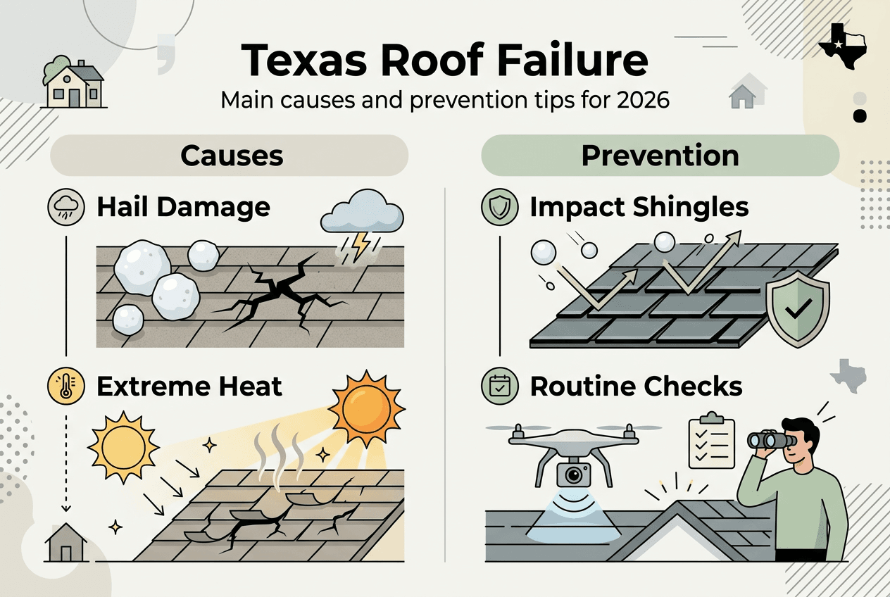 Texas roof failure causes and prevention infographic