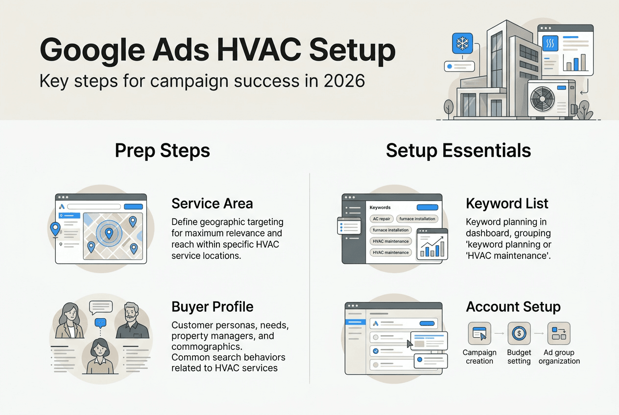 Infographic outlining Google Ads HVAC setup steps