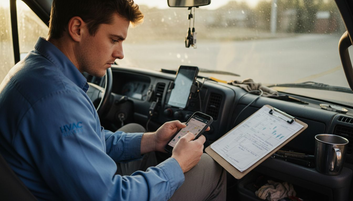 Technician testing HVAC site on smartphone