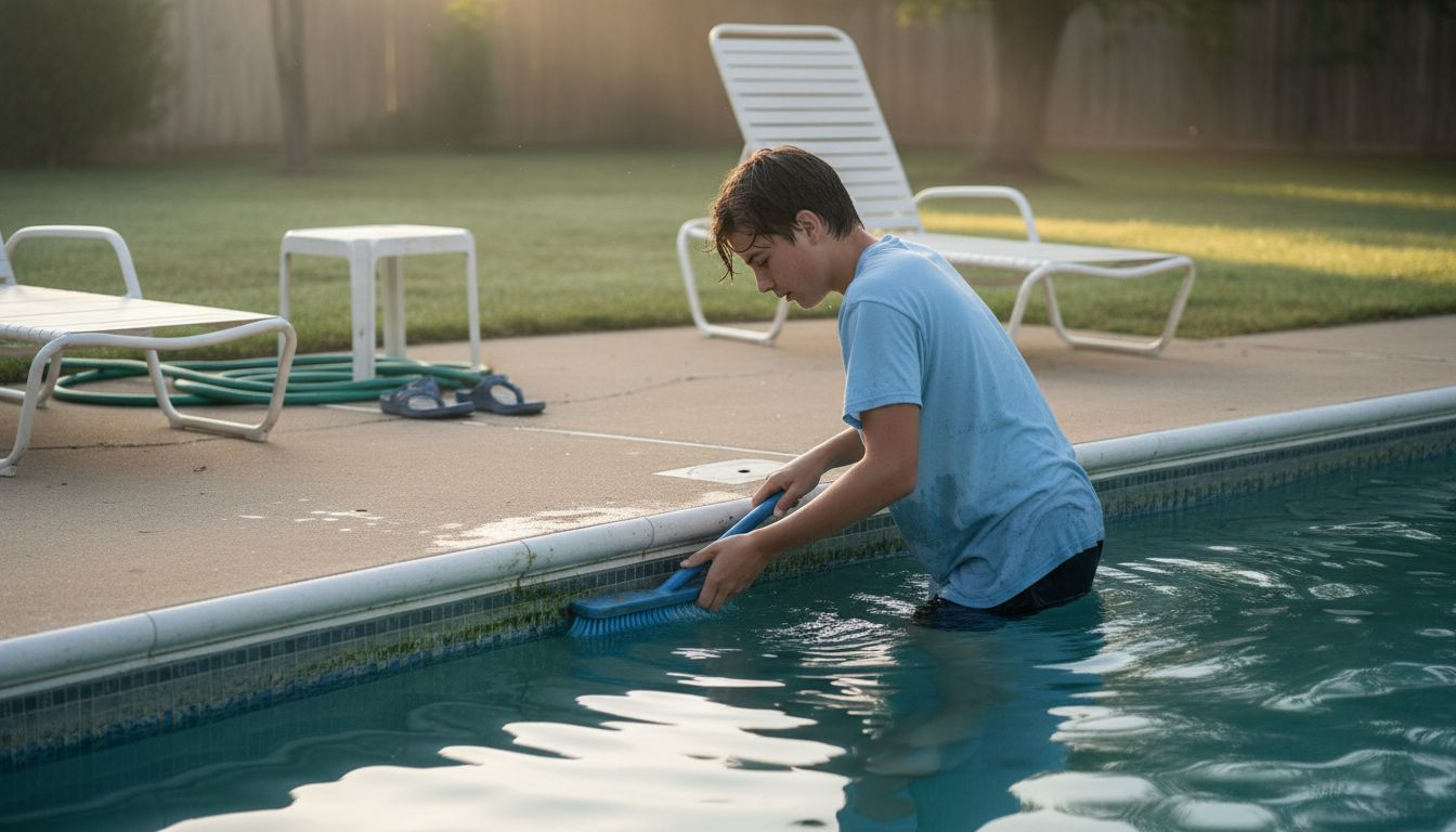 Teen brushing pool wall to prevent algae