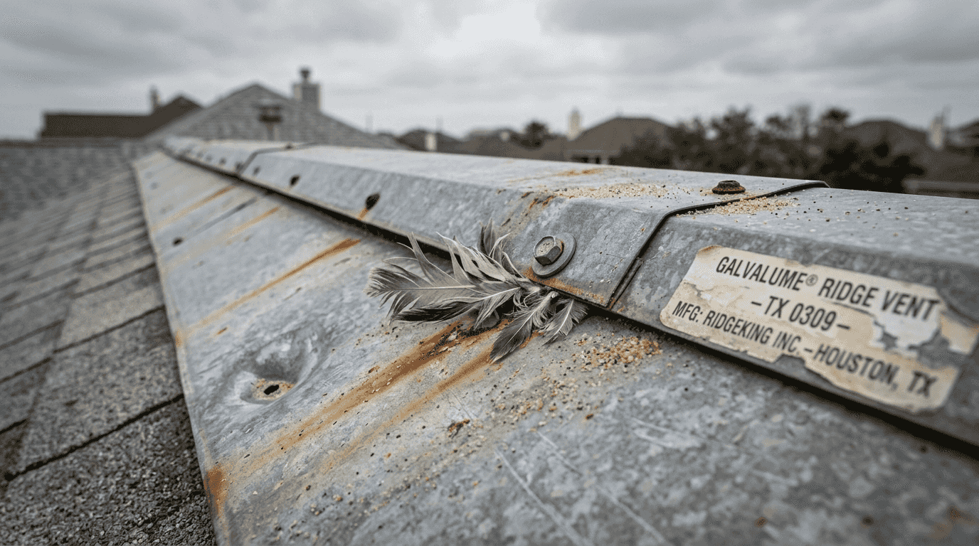 Metal roof ridge with hail dent and corrosion