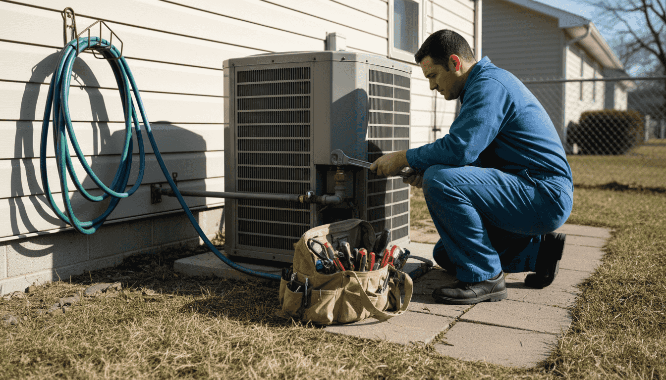 Technician installing residential HVAC system
