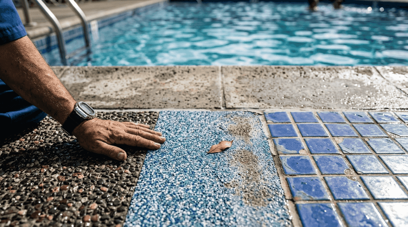 Close-up of pebble, quartz, and tile pool surfaces