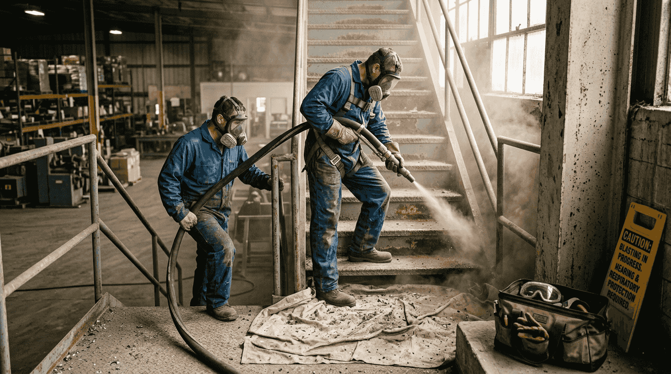 Crew sandblasting steel stairway indoors