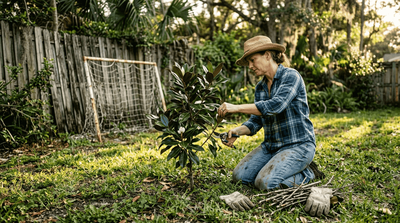 Homeowner pruning young tree in backyard