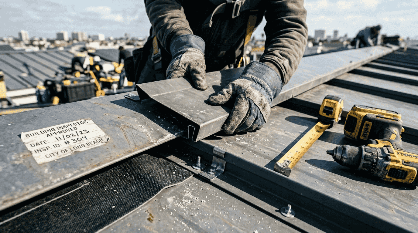 Hands align seam on coastal metal roof