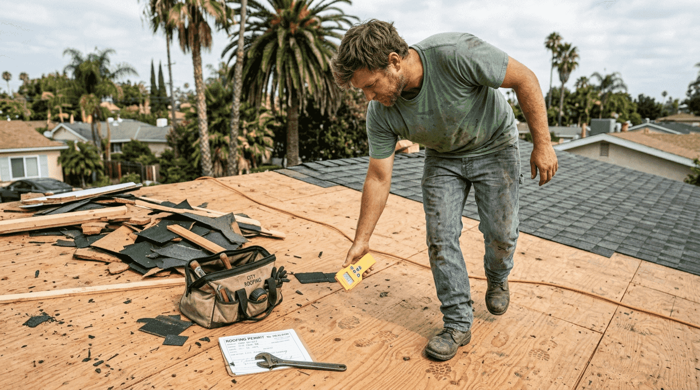 Roofer inspecting exposed roof decking