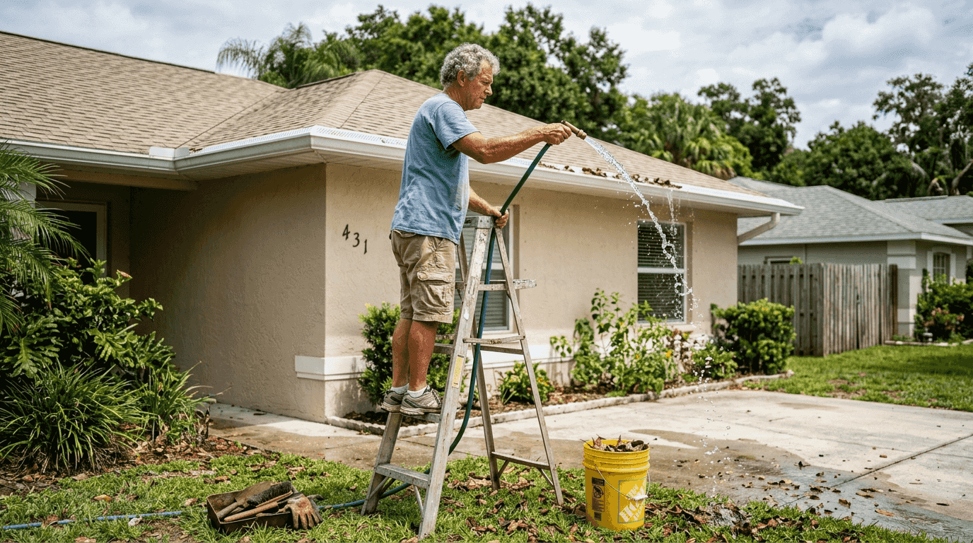 Flushing debris from Florida gutter guard