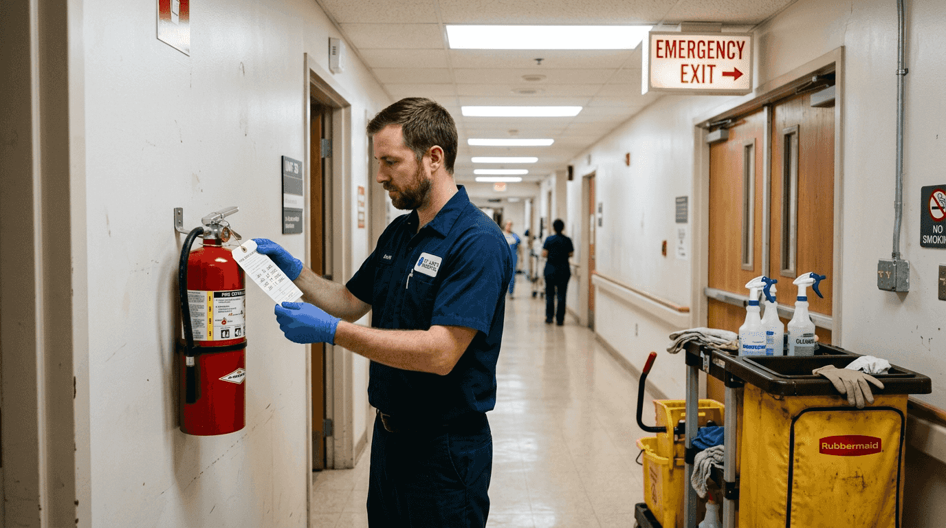 Janitor inspecting hallway fire extinguisher