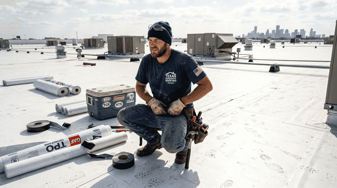 Worker adjusts TPO roof on Texas building
