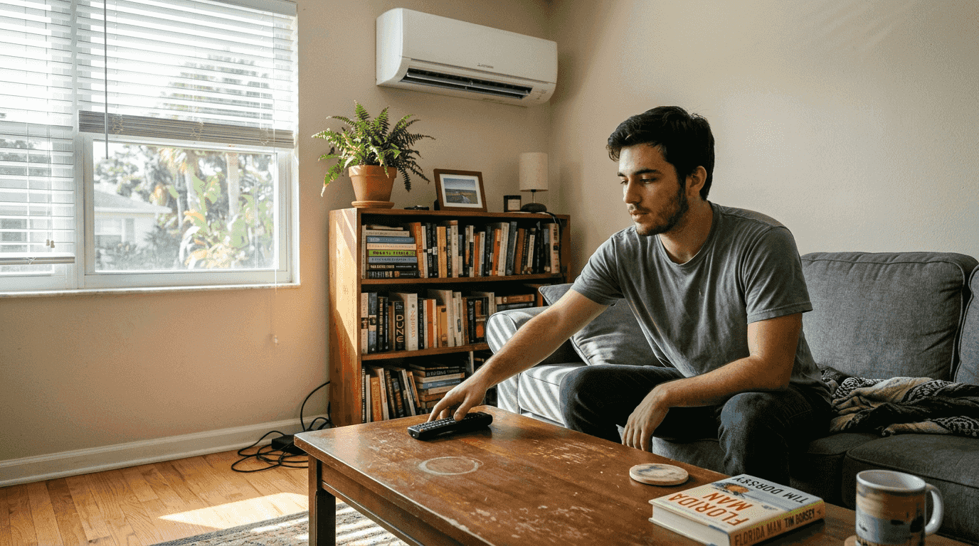 Living room with ductless HVAC and remote