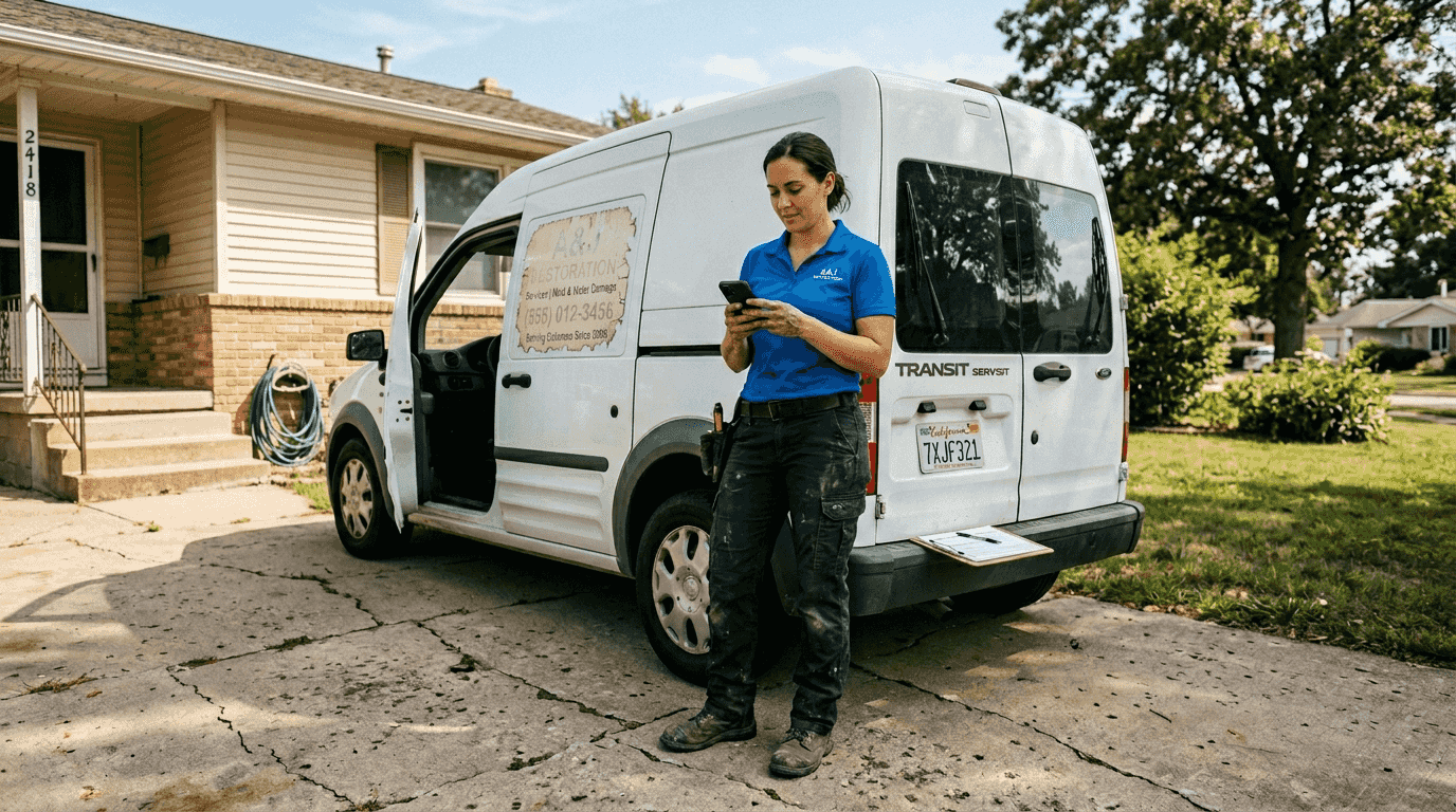 Technician checking customer reviews by service van