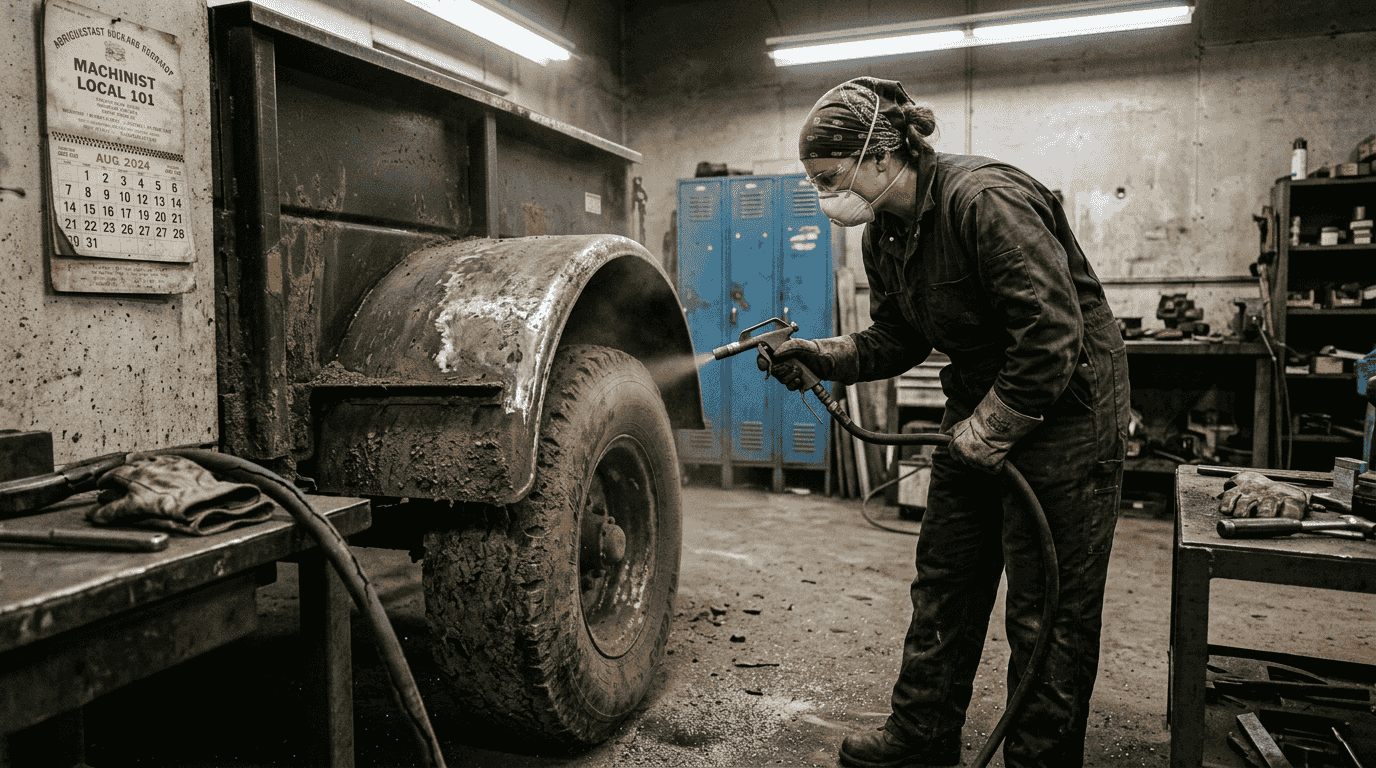 Worker sandblasting rusted agricultural trailer indoors