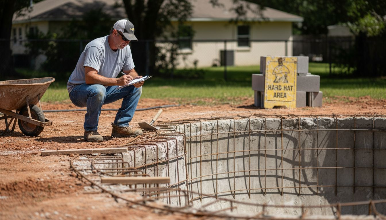 Contractor inspects concrete pool construction site