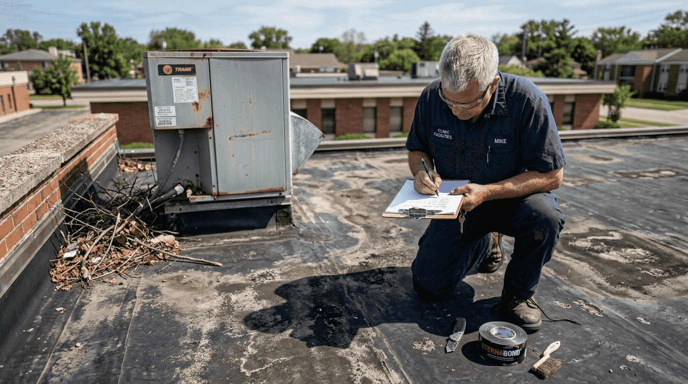 Supervisor inspecting black EPDM rubber roof