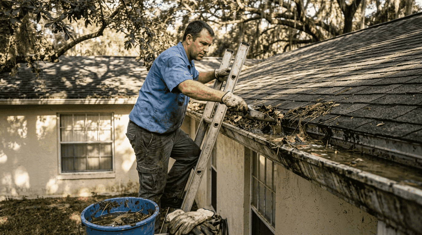 Worker cleaning debris from clogged gutter