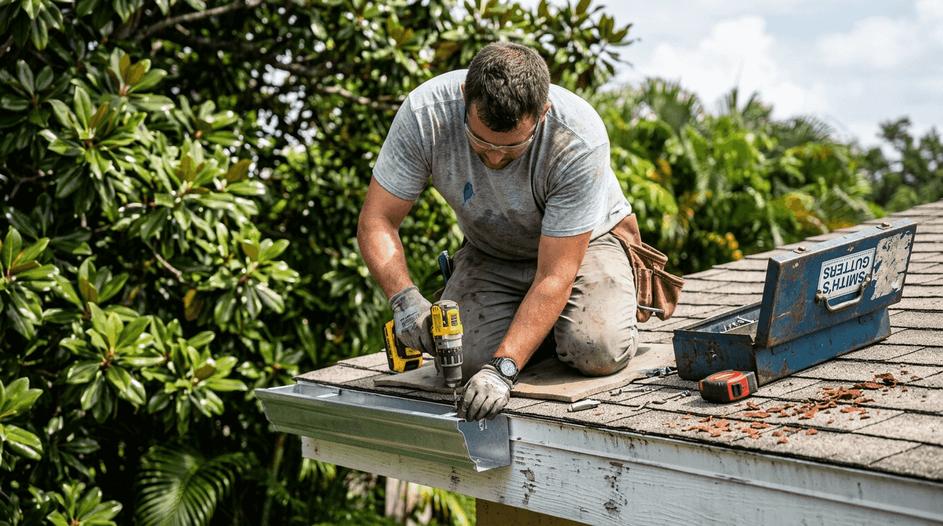 Worker fits steel gutter on Florida home