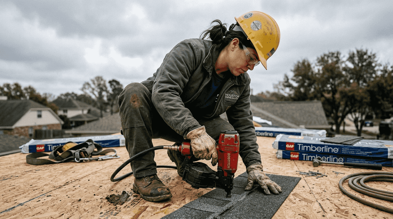 Roofer aligning shingles using pneumatic nailer