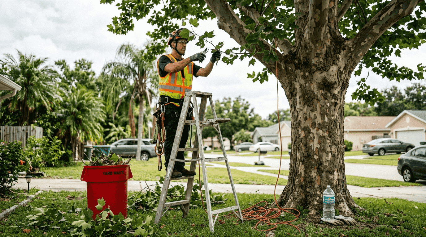Arborist pruning tree with step ladder
