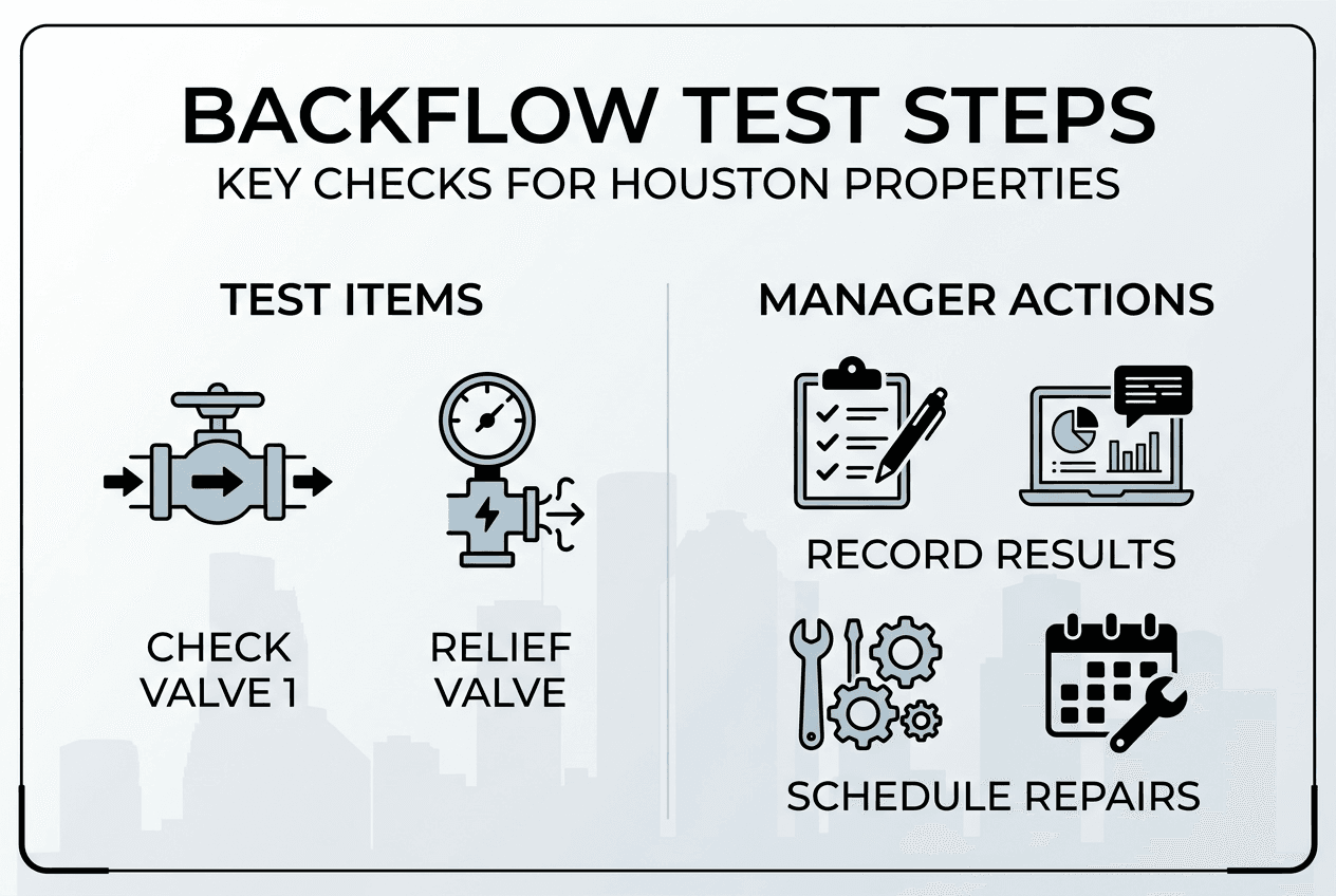 Infographic showing backflow test key steps for Houston