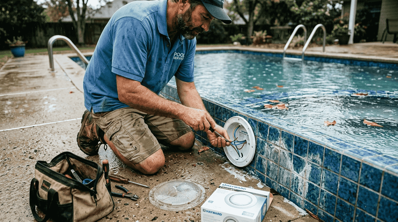 Technician installing wall-mounted LED pool light