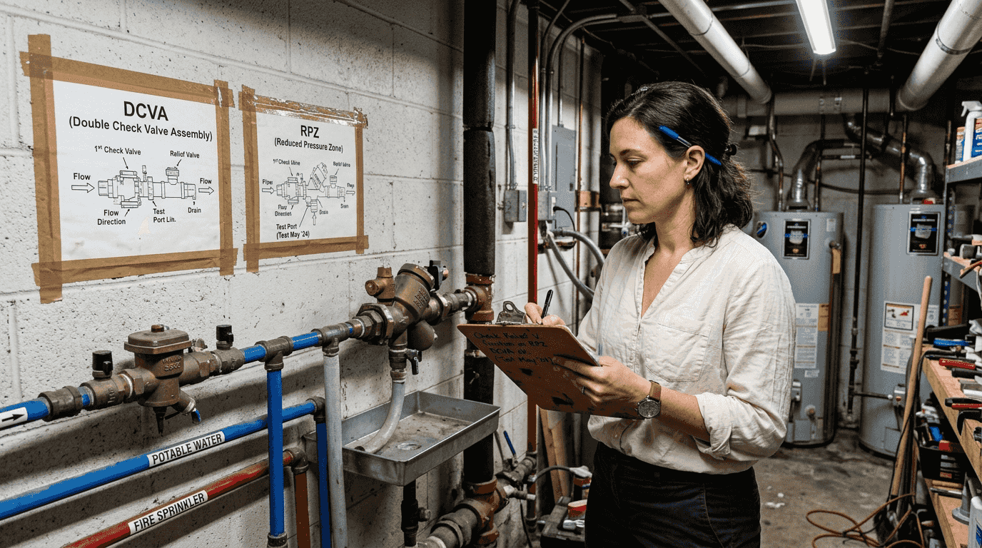 Manager compares DCVA and RPZ diagrams in basement