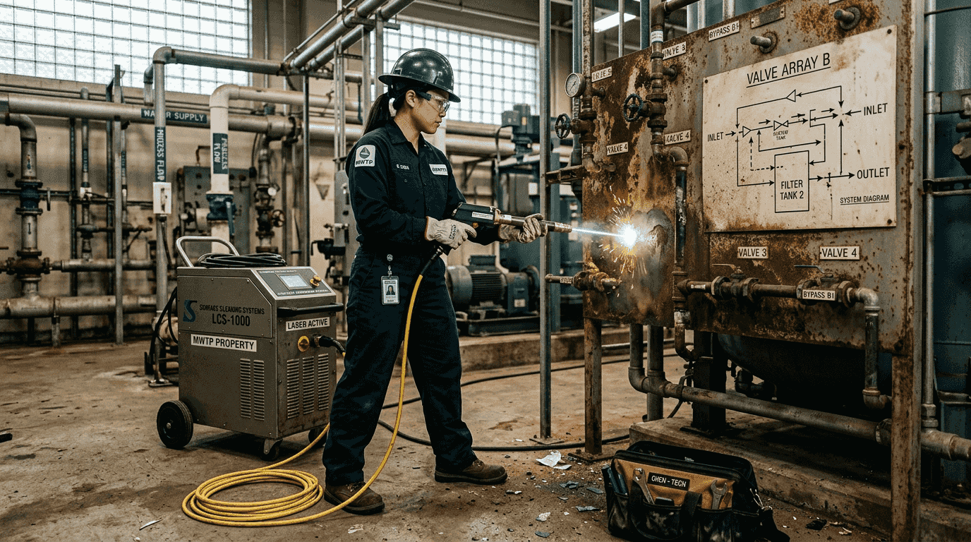 Technician performing laser cleaning on metal valve