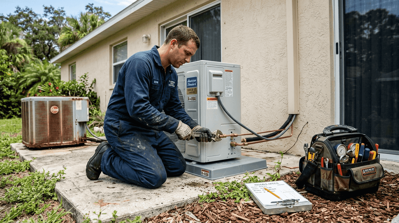Technician connecting modern HVAC unit on patio