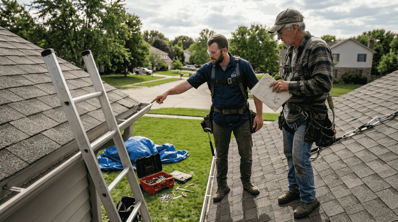 Contractors inspecting roof for installation quality