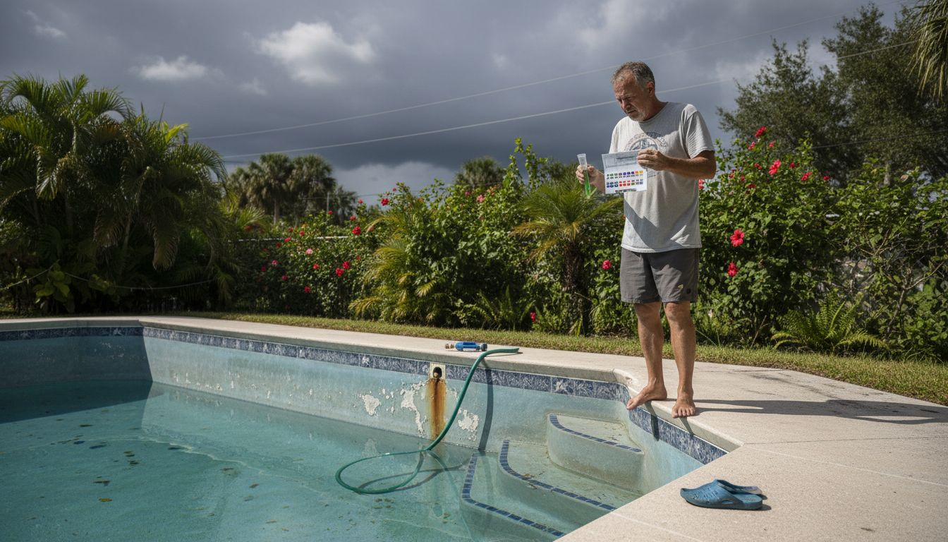 Homeowner testing water near stained pool finish