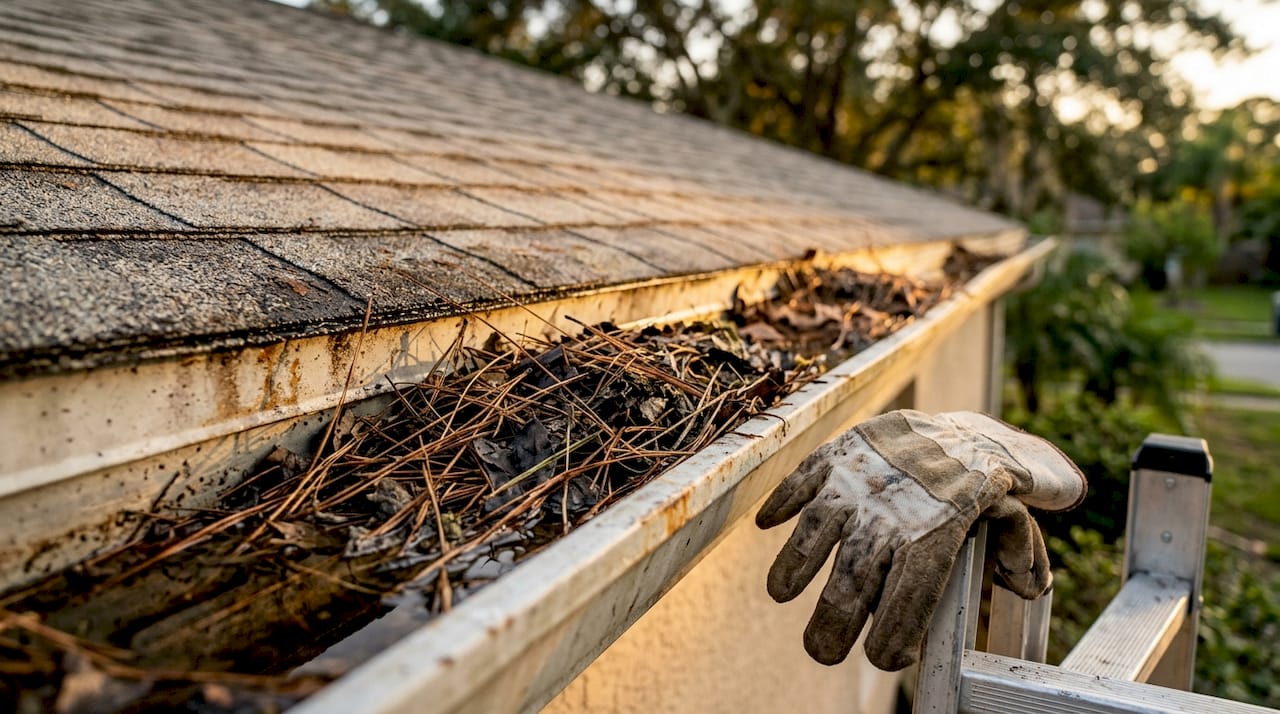 Clogged gutter filled with pine needles