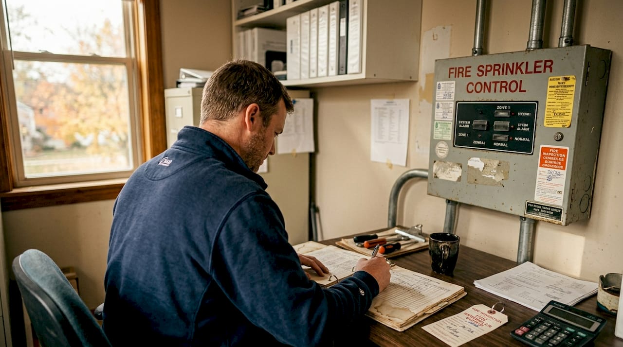 Technician reviewing fire system maintenance log